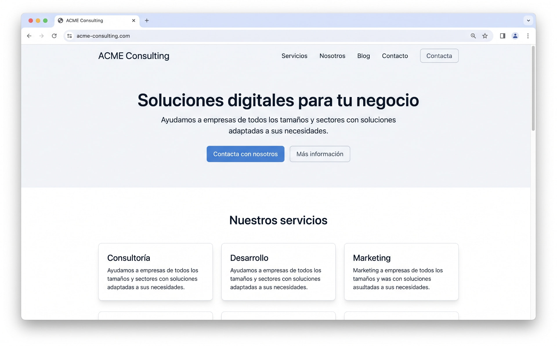 ACME Consulting demo website before applying WAA